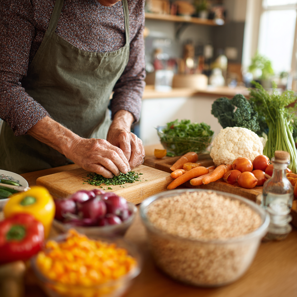Middle-aged person preparing healthy balanced meal with colorful vegetables and grains