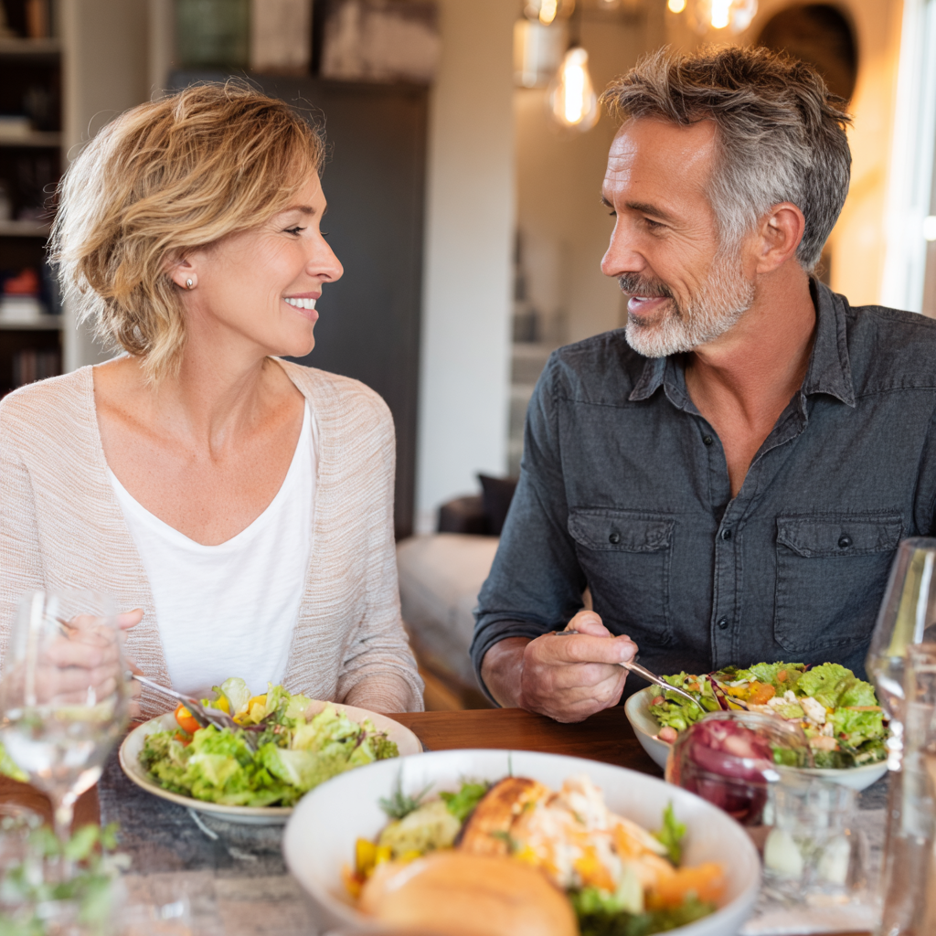 Satisfied middle-aged couple enjoying healthy meal together at dining table